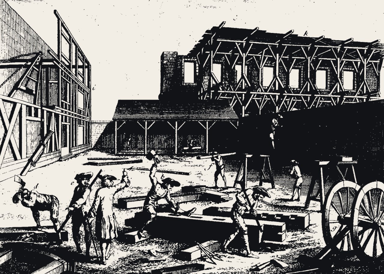 An eighteenth-century engraving of a carpentry job site: timber, tools and workers raising a frame.