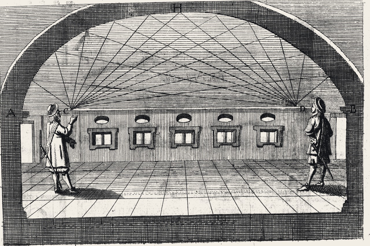 Engraving of a long vaulted hall with a row of small windows along the far wall. A figure stands at each end, facing the other, and fine lines cross the vault between them.