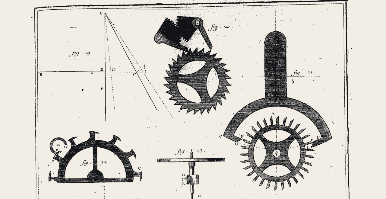 Engraving from an eighteenth-century clockmaking plate: five escapement parts drawn in black and grey on pale paper, including a toothed escape wheel with an anchor-shaped pallet arm, a half-ring pallet piece, a small spindle, and a diagram of lines and angles.